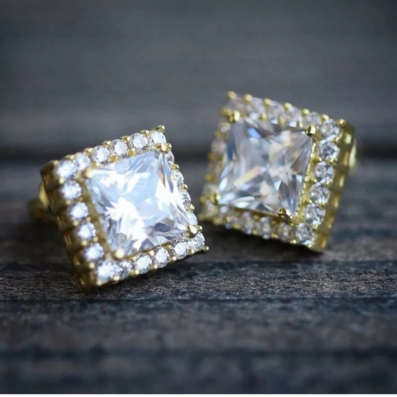 Diamond Cubic Zirconia Gold Plated Stud Earrings - Picture 2 of 6